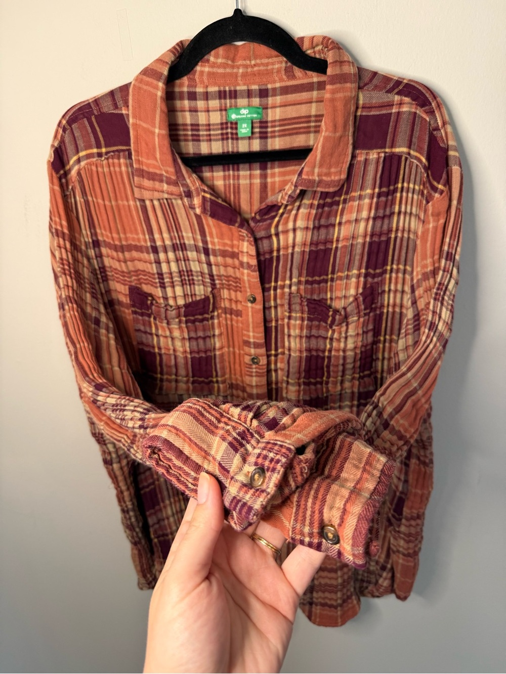 dip Plaid Button-Down Shirt in Orange and Burgundy - Picture 3 of 6